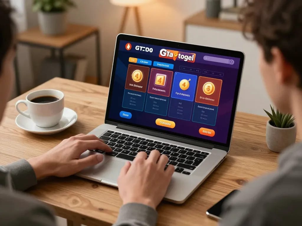 Engaging with GTAtogel's online platform for 4D togel betting in a cozy home environment.
