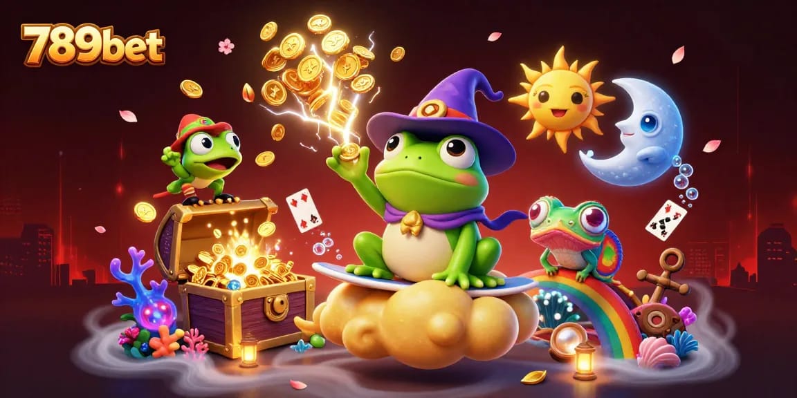 Engage in a jackpot with 789bet's vibrant gambling scene filled with golden coins and magical creatures.