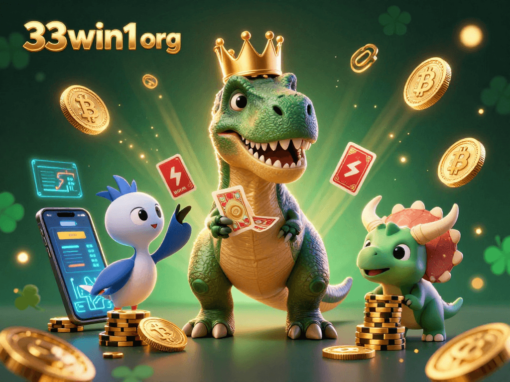 Engage with 33win1 org as a T-Rex shuffles cards, accompanied by crypto elements and gaming excitement.