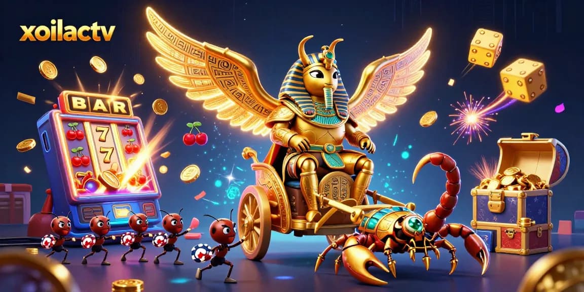 Engage with xoilactv's thrilling jackpot excitement featuring a colossal golden beetle and dynamic casino elements.