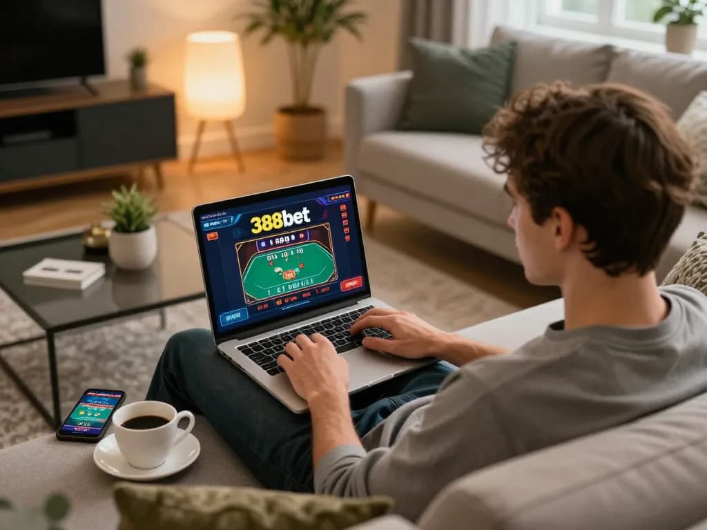 Engaging with 388bet online casino on a laptop in a cozy home environment