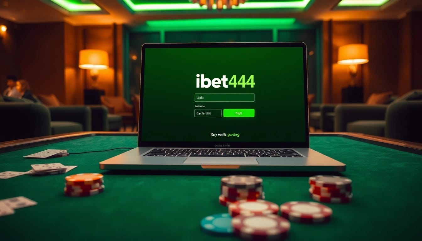 Masuk ke ibet44 login dengan layar laptop bersinar di latar kasino yang elegan.