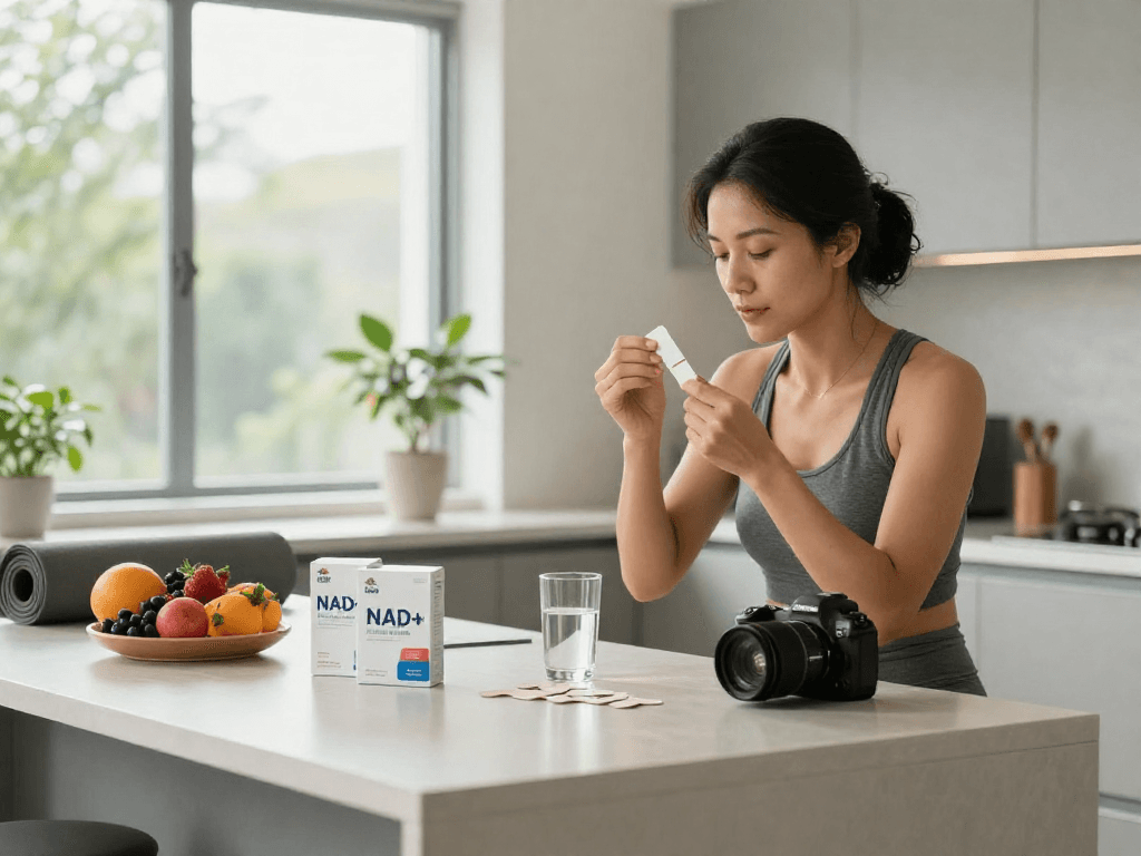 NAD+ benefits illustrated with a wellness enthusiast using InStrips Buccal Strips in a bright kitchen.