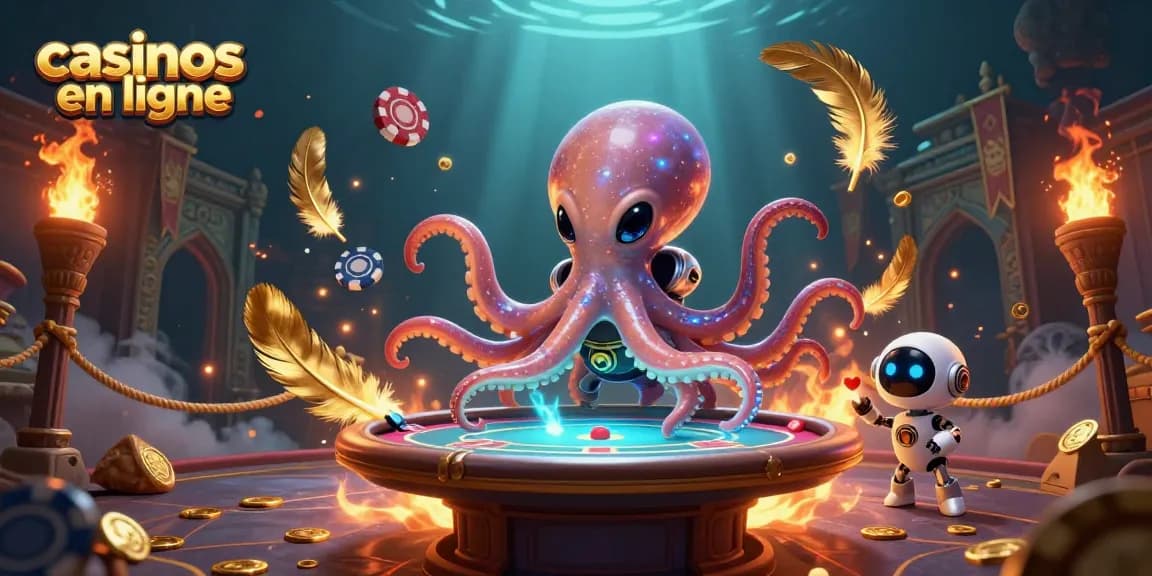 Les casinos en ligne présentent un octopus alien et son robot compagnon, jouant au poker, entourés de jetons tourbillonnants.