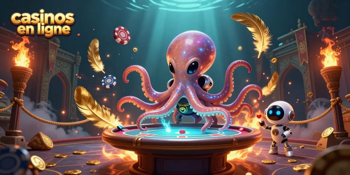 Les casinos en ligne présentent un octopus alien et son robot compagnon, jouant au poker, entourés de jetons tourbillonnants.