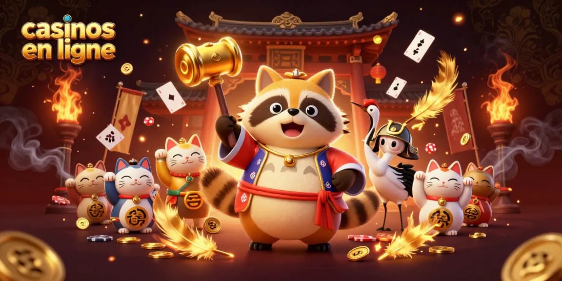 Représentation colorée des casinos en ligne, avec des personnages traditionnels japonais et des jetons de poker.