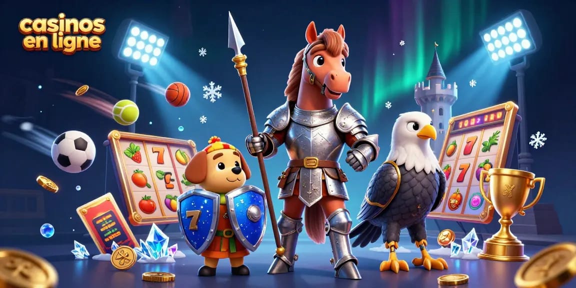 Illustration dynamique de casinos en ligne avec des personnages de chevaliers, créant une ambiance de jeu captivante.