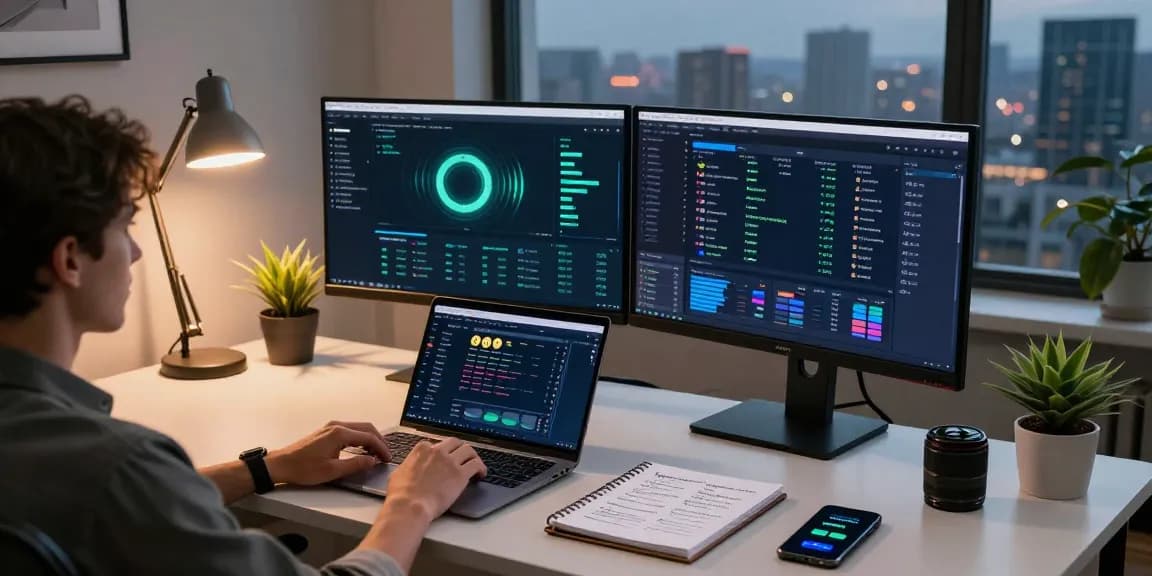 Explore innovative methods for crypto mining without equipment in a modern trading workspace with live blockchain analytics, digital wallets, and mining platforms.