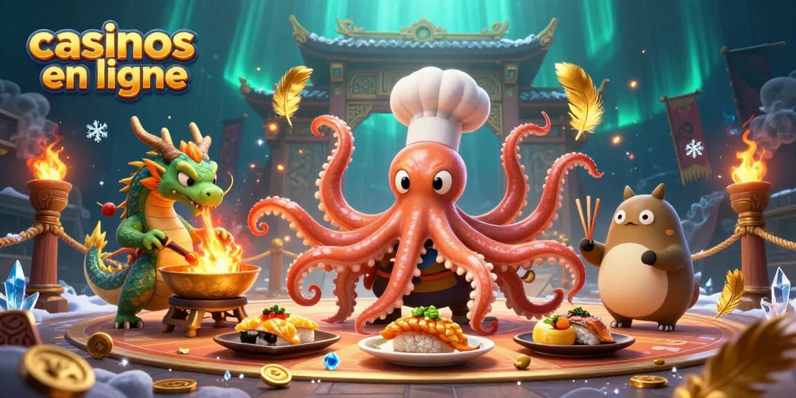 Jouez aux casinos en ligne avec un chef pieuvre 3D et un dragon préparant des plats dorés.