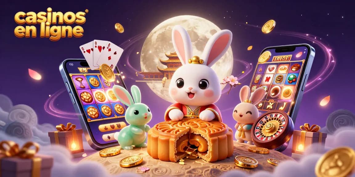 Découvrez les casinos en ligne avec un lapin lunaire et des symboles de jeu envolants.