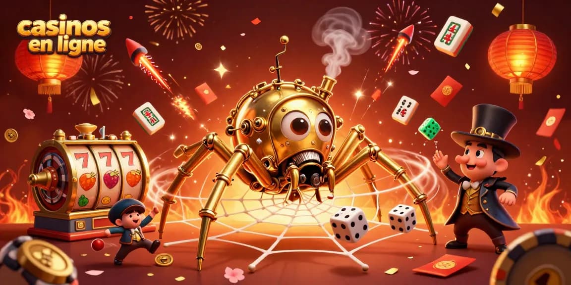 Illustration dynamique de casinos en ligne avec une araignée steampunk et des rouleaux de machines à sous.