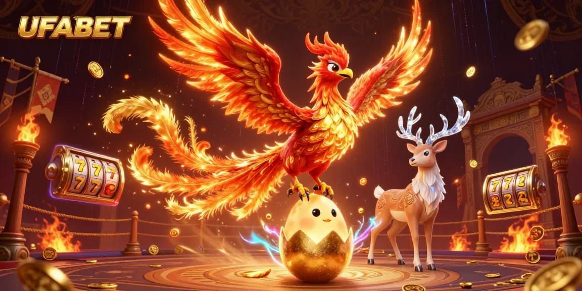 Experience the excitement of UFABET with a fiery phoenix, dynamic gaming elements, and vibrant casino atmosphere.