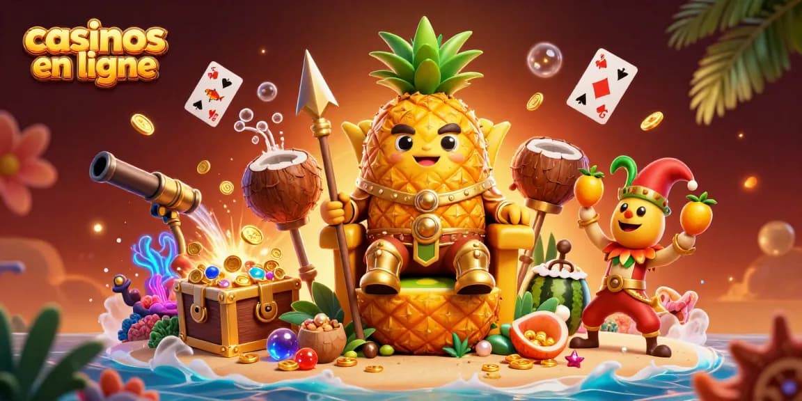 Jouez aux casinos en ligne avec le roi ananas et ses gardiens sur une plage luxuriante.