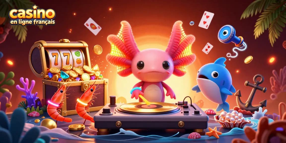 Illustrez le casino en ligne français avec un DJ axolotl néon en fête sous l'eau, mélangeant bijoux et chance.