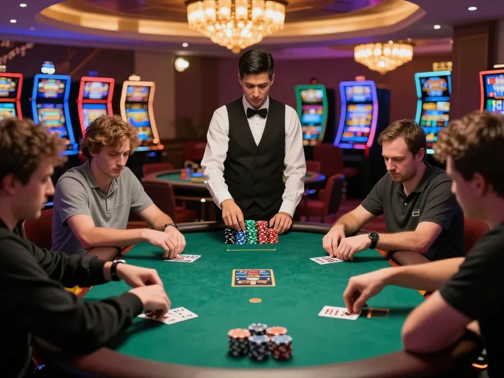 F168 poker players strategizing during an intense gaming session with vibrant casino backdrop