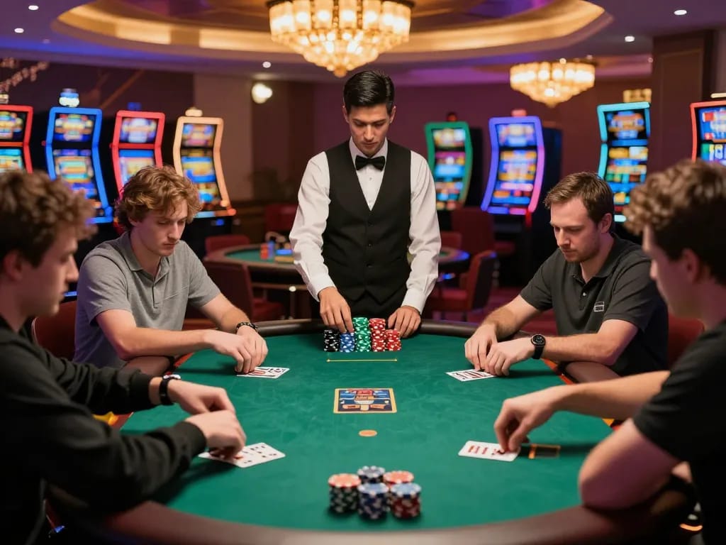 F168 poker players strategizing during an intense gaming session with vibrant casino backdrop