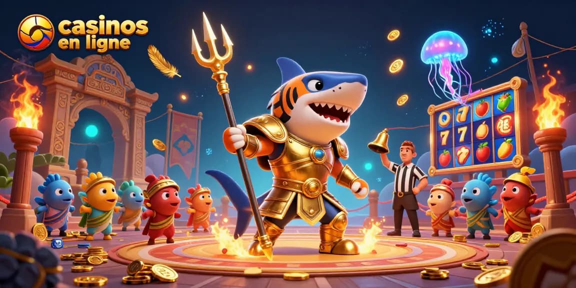 Action des casinos en ligne célébrée par un requin tigre gladiateur dans une arène sous-marine.
