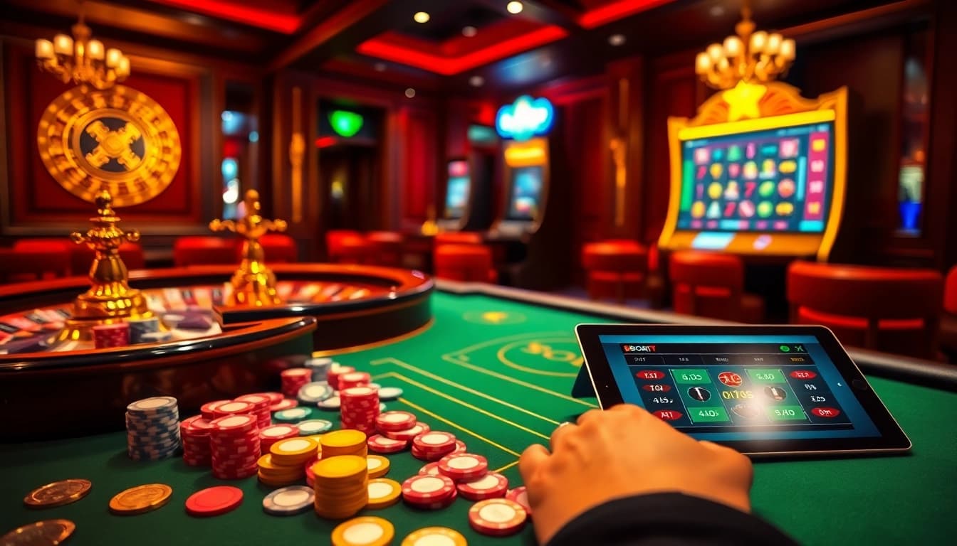 Engage with the exciting sbobet login experience at a vibrant casino, featuring poker chips and a roulette wheel.