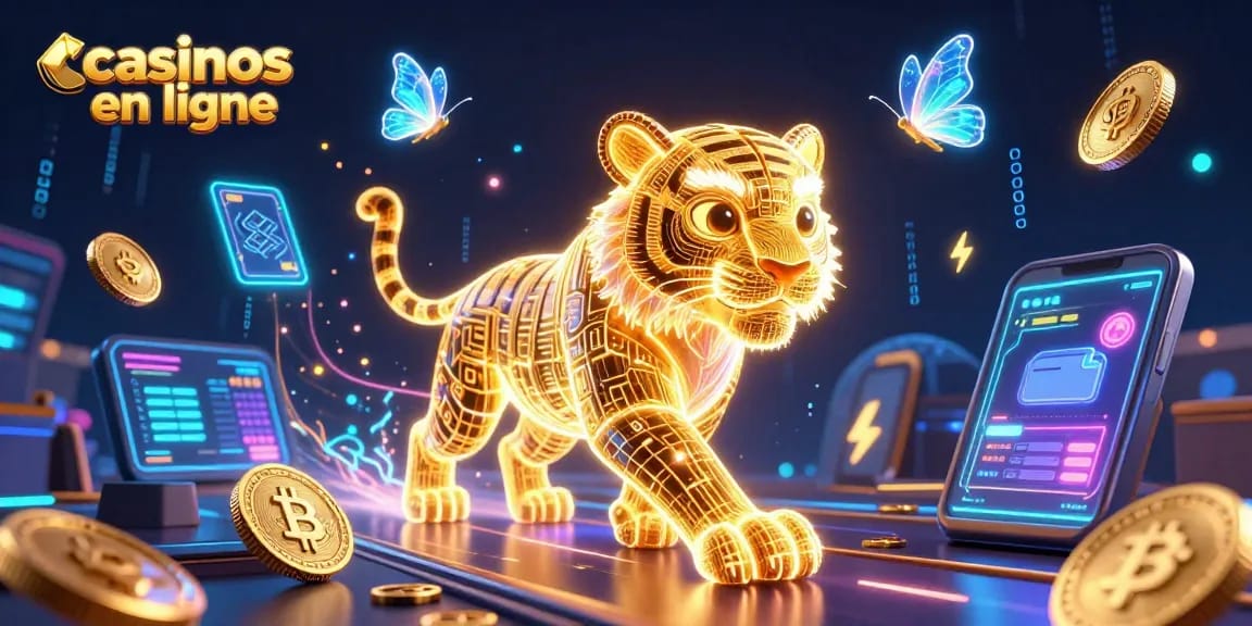 Venez découvrir les casinos en ligne avec un tigre lumineux et des pièces de crypto-monnaie.