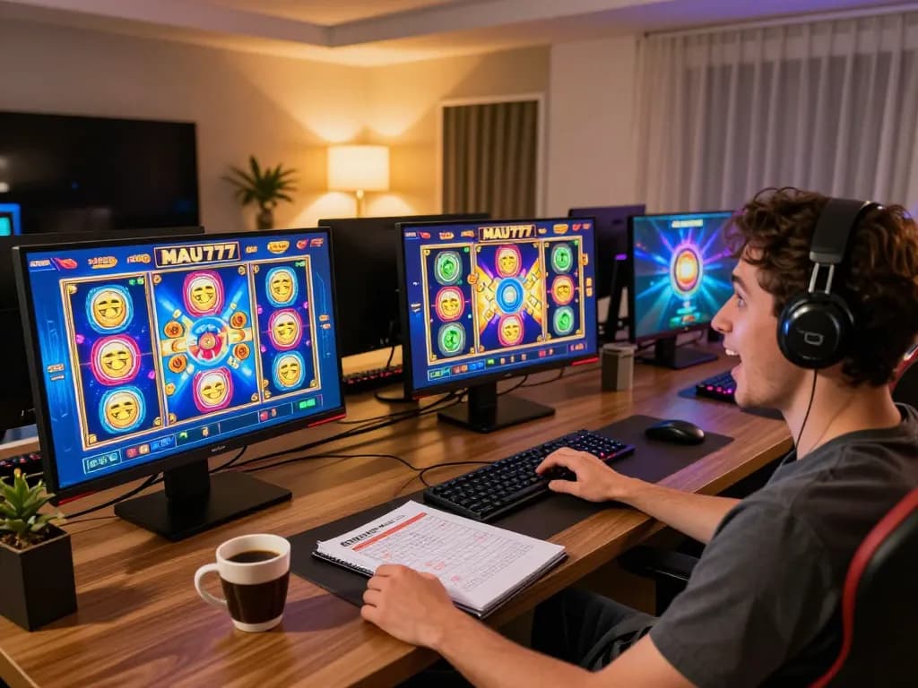 Player engaging with MAU777 online slots, showcasing vibrant game interface and strategic notes.