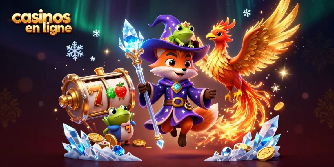 Illustration vibrante de casinos en ligne avec un renard sorcier et un phénix animé.