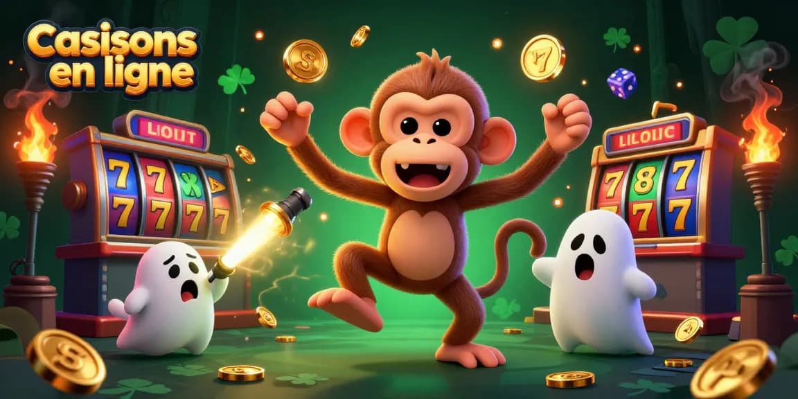 Jouez aux casinos en ligne avec ce singe poltergeist malicieux jonglant des objets dorés dans un casino hanté.