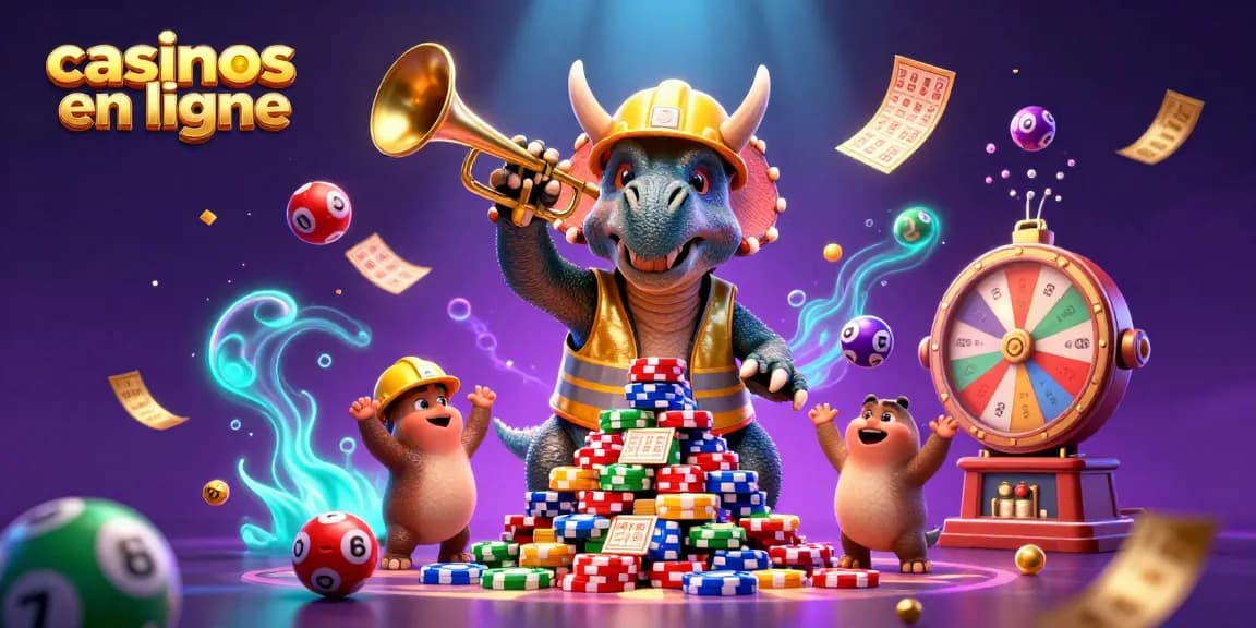 Jouez aux casinos en ligne avec des personnages ludiques célébrant des victoires entourés de ballons et tickets.