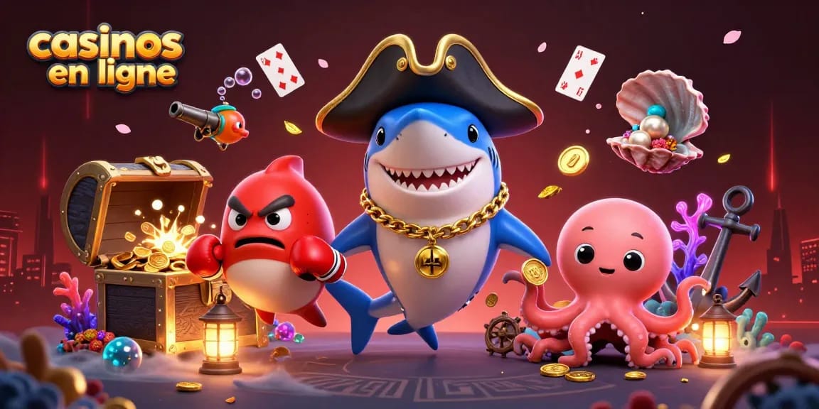 Jouez dans des casinos en ligne avec un requin pirate souriant, un poisson-globe boxeur et une pieuvre mignonne tenant des pièces d'or.