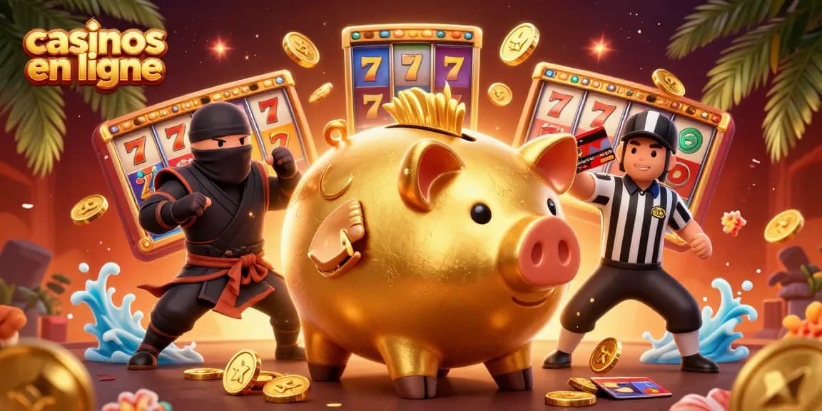 L'illustration montre des personnages de casinos en ligne, un cochon d'or sumo et des éléments de jeu captivants.