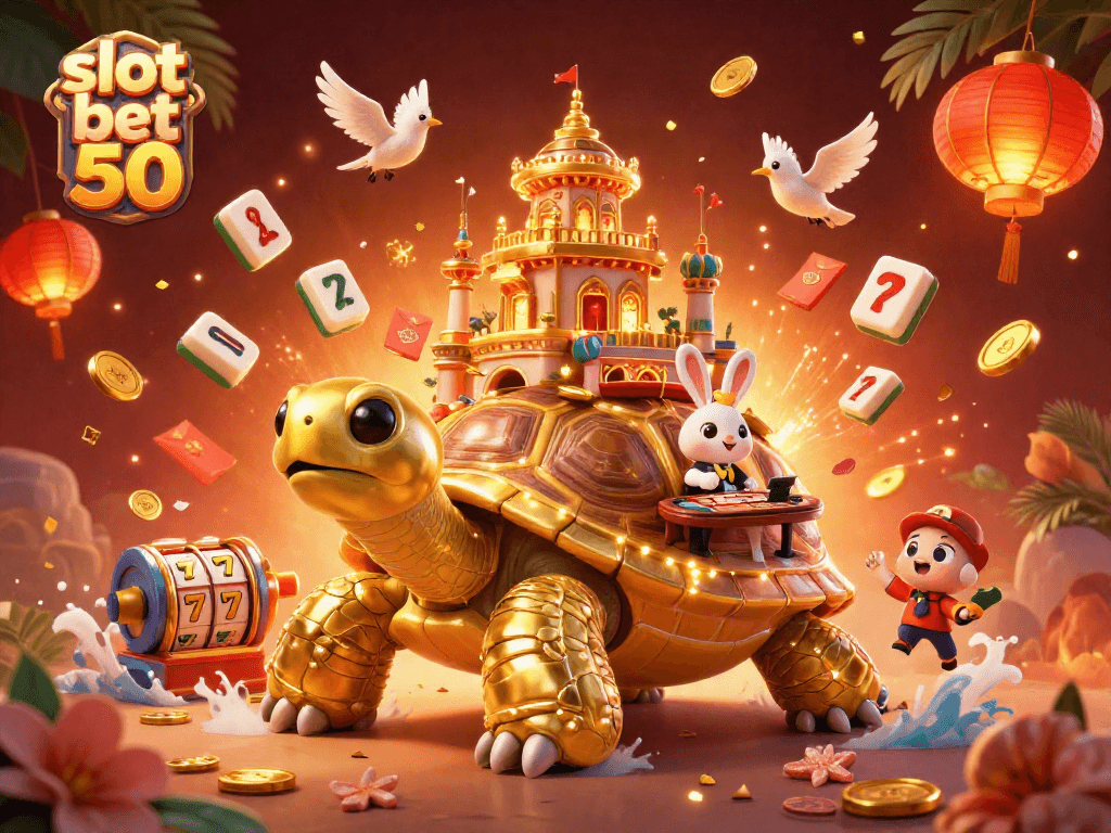 Engage in a slot bet 50 adventure with a cartoon tortoise casino under fireworks.