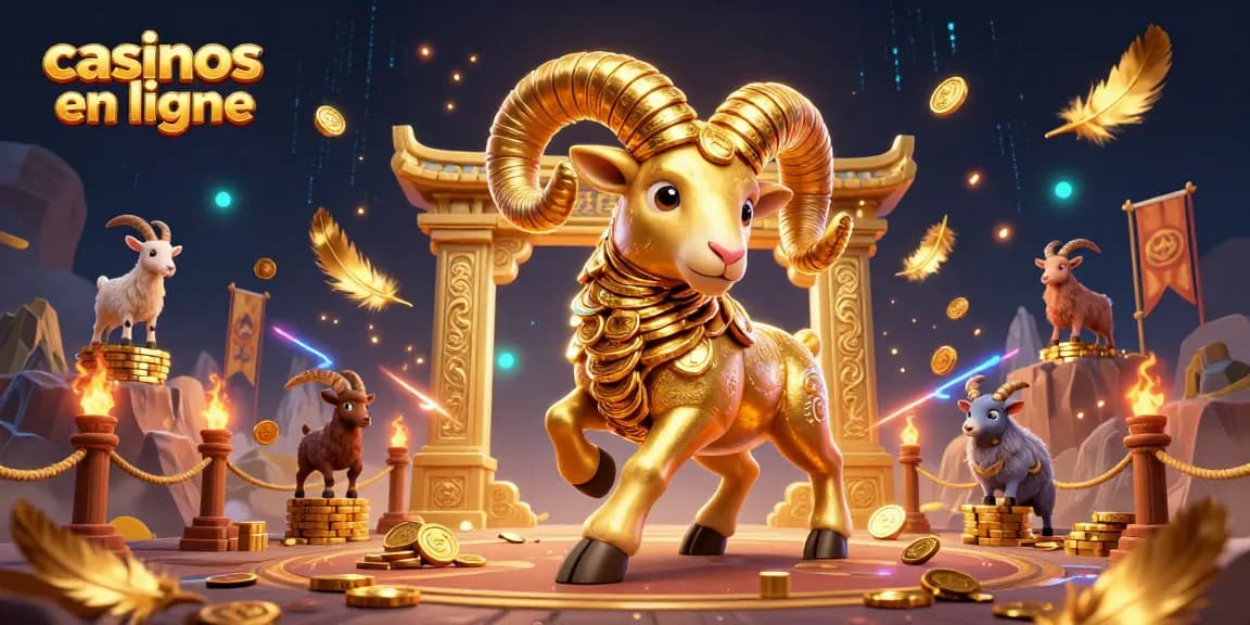 Illustration dynamique de casinos en ligne avec un bélier doré, des jetons, et des éléments de jeux d'argent.