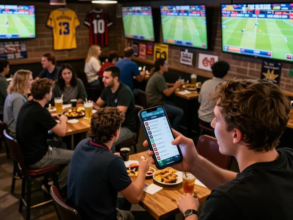 Exciting sports betting experience with 789bet at a lively bar, checking live odds on a smartphone.