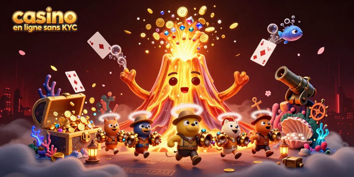 Scénario dynamique de casino en ligne sans KYC avec un volcan doré et des trésors éparpillés.