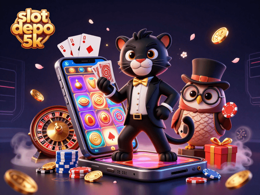 Engage with slot depo 5k through an uplifting casino scene featuring a tuxedoed panther, a poker-playing owl, and a lucky mouse.