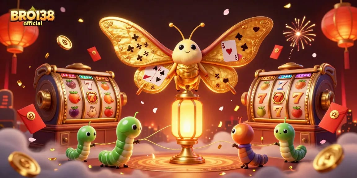 Engaging scene with BRO138 official showcasing vibrant slot elements and a majestic atlas moth