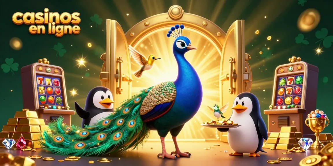 Gagnez aux casinos en ligne avec une illustration captivante d'un paon aristocratique et un pingouin majordome.