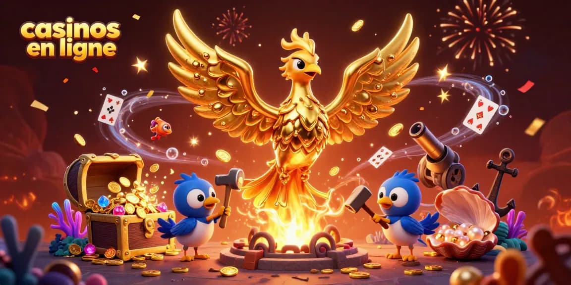 Plongez dans l'excitation des casinos en ligne avec ce phoenix doré parmi les trésors et jeux.