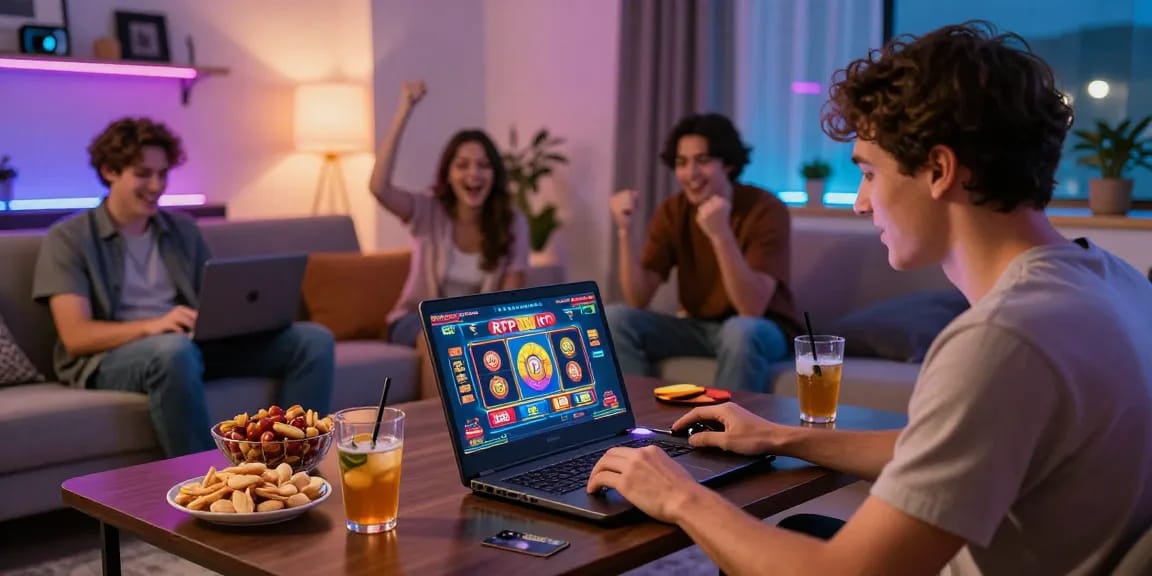 Exciting gaming moment at credit card casinos on https://maic.org.uk with vibrant lights, snacks, and friends cheering.
