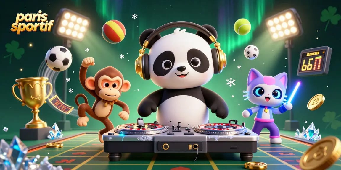 Paris sportif : ambiance festive de paris sportifs avec un panda DJ et des éléments de paris.