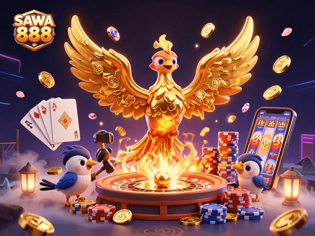 Experience SAWA 888's thrilling gameplay with vibrant golden elements and dynamic casino features.