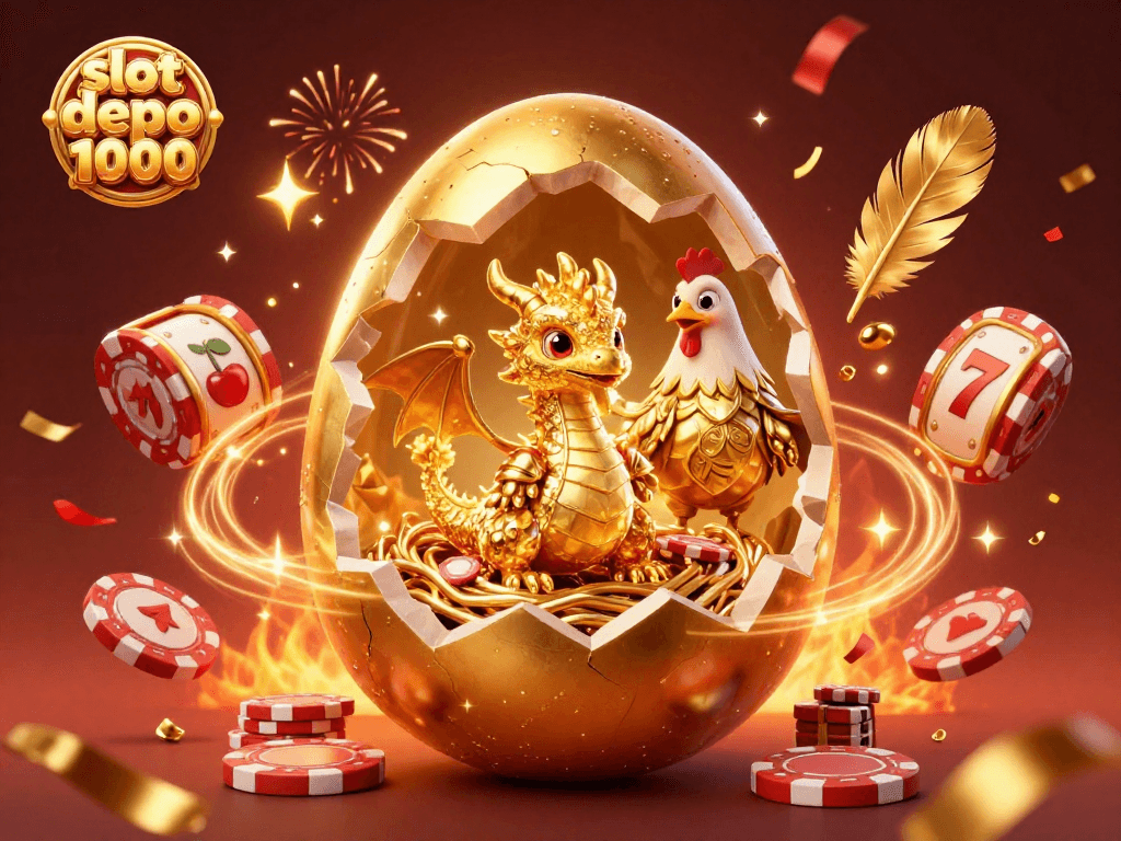 Pemain judi merayakan kemenangan di slot depo 1000 dengan ilustrasi naga emas dan chip poker.