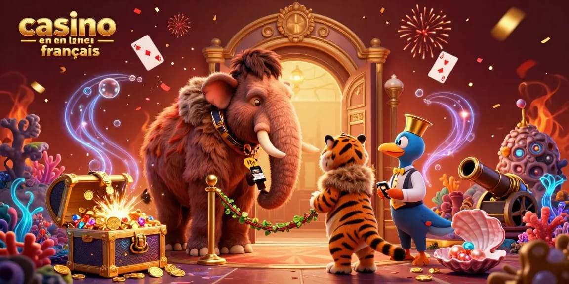 Vivez l'excitation d'un casino en ligne français avec un mammouth et un tigre vérifiant les entrées.