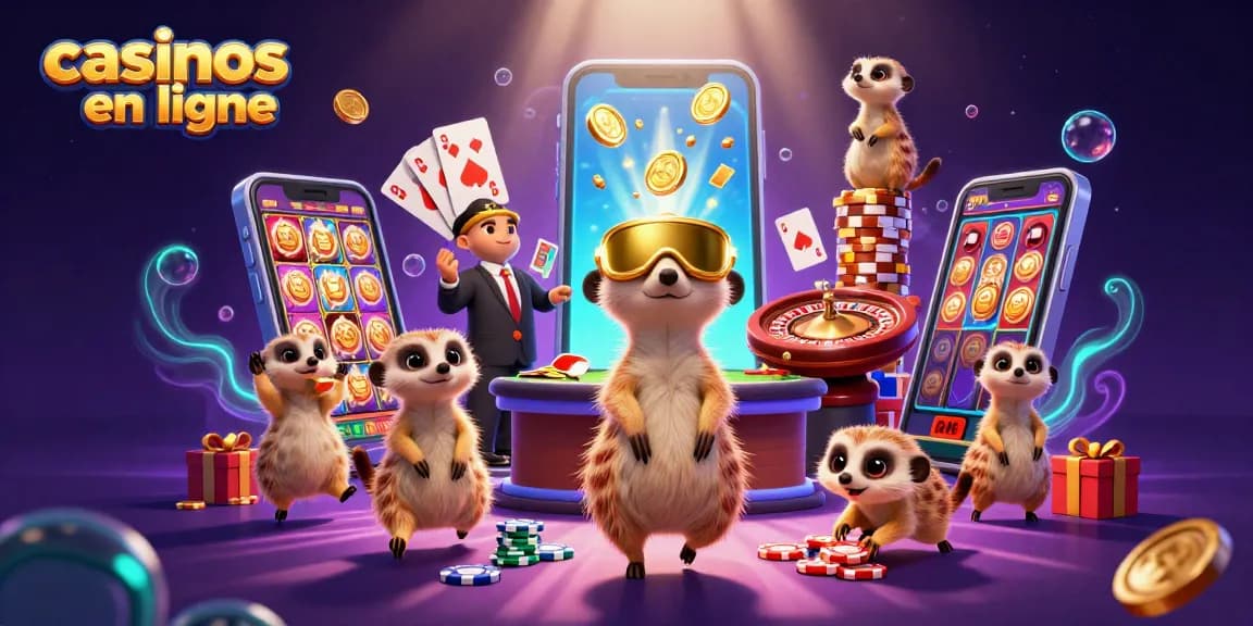 Profitez des jeux dans les casinos en ligne avec des suricates animés, une illustration de casino captivante.