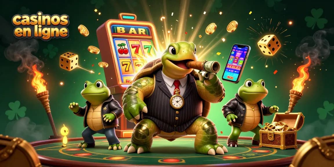 Vivez l’excitation des casinos en ligne avec cette illustration dynamique de tortue et grenouilles!