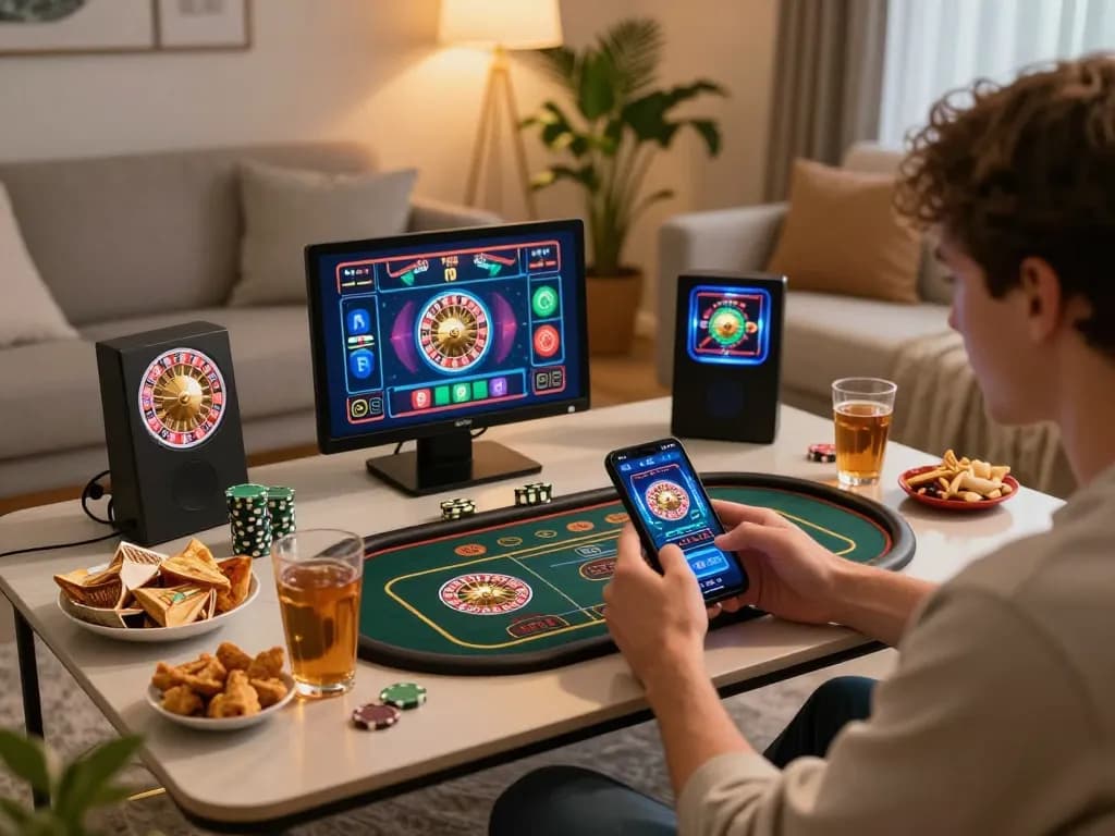 Person playing casino online senza registrazione on a smartphone amidst snacks and drinks in a cozy home