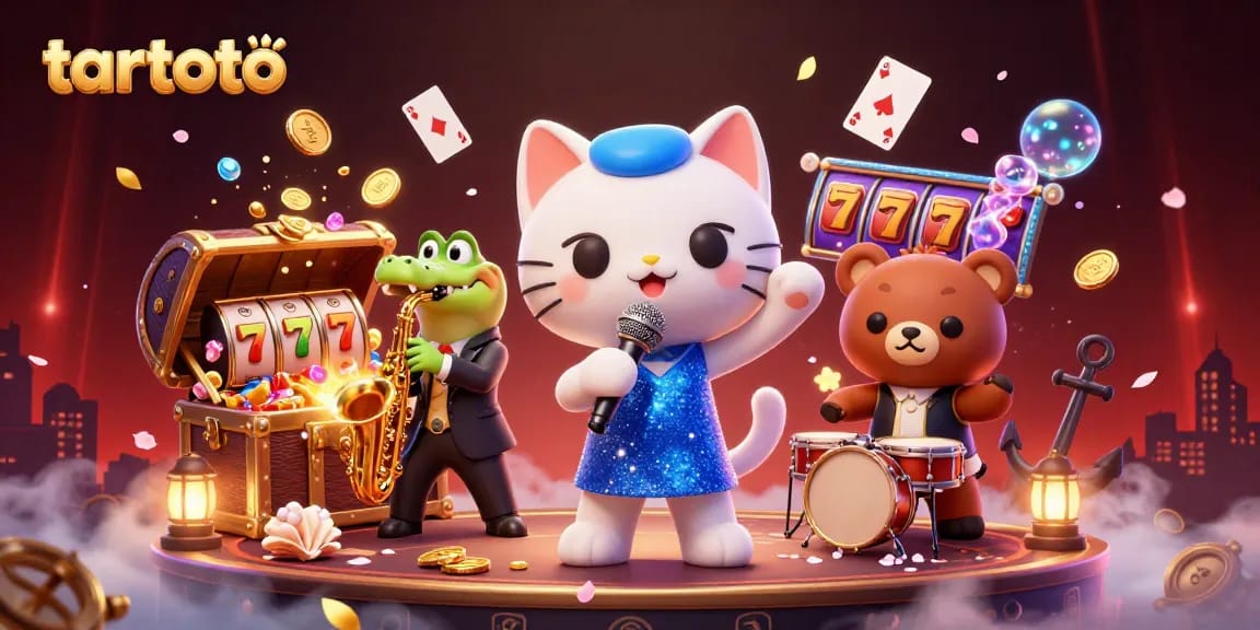 Experience the excitement of tartoto with vibrant slots and whimsical characters in a lively casino scene.