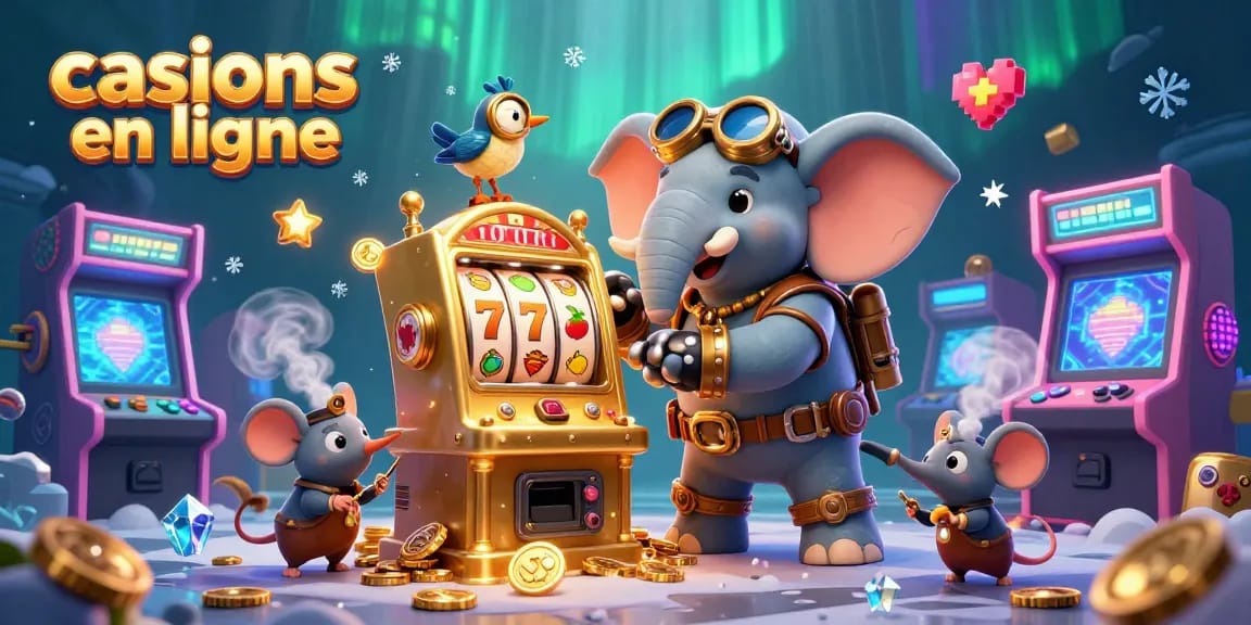 Illustration 3D représentant des casinos en ligne avec un éléphant steampunk jouant à une machine à sous dorée.