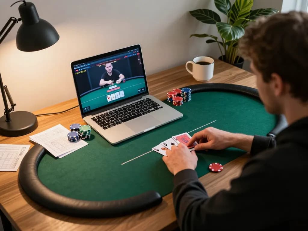Engaging poker online gameplay at home desk, showcasing strategic decision-making during a virtual game.