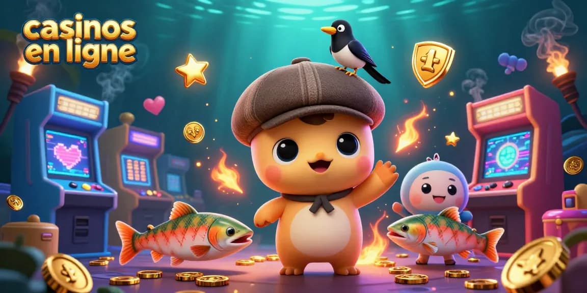 Visitez les casinos en ligne avec Nessie, un oiseau, et des poissons à côté d'une machine à sous.
