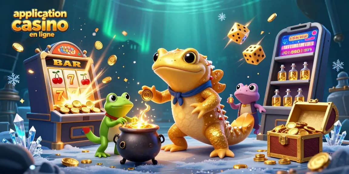 Lancez des jeux sur application casino en ligne avec une scène de casino magique bourrée de pièces d'or et de symboles chanceux.